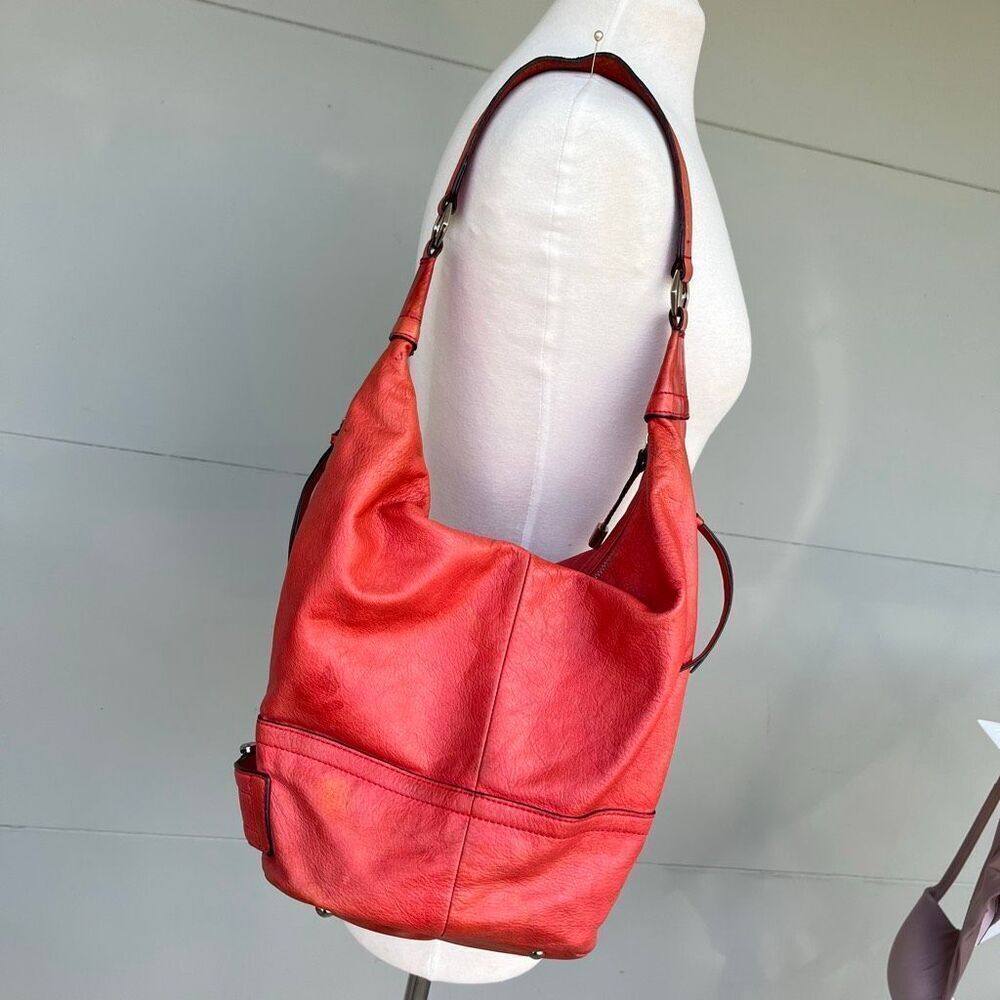VTG B. Makowsky Coral Red Leather Hobo Bag | Slouchy Bucket Shoulder Purse - Picture 10 of 13